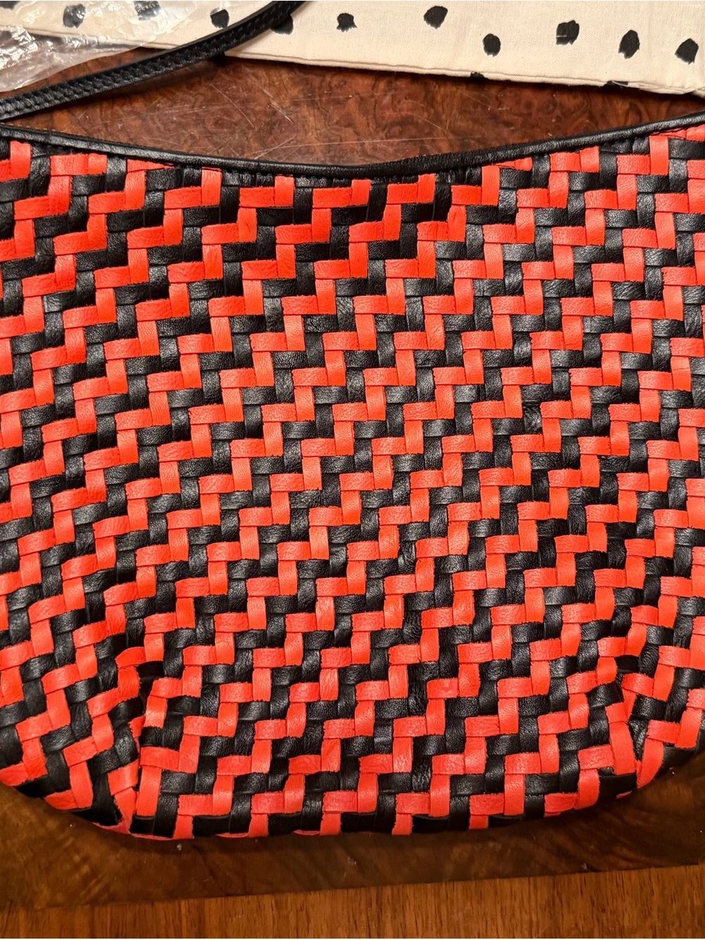 NWT Clare V Lune Bag in Black / Bright Poppy Woven Zig Zag Leather - Picture 9 of 10